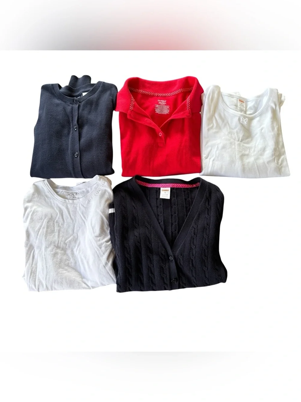 School Uniform Bundle 5PC Set Red White Blue Navy cardigan Long Short Sleeve Top